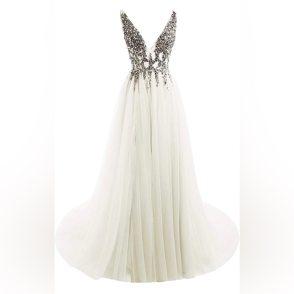 WHITE Dresses Deep V Neck Sequins Tulle & Lace High Split Long Evening Dresses